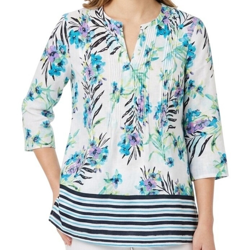 Rafaella Linen Tunic Top Womens Large White Floral Striped Pleated V-Neck Blouse